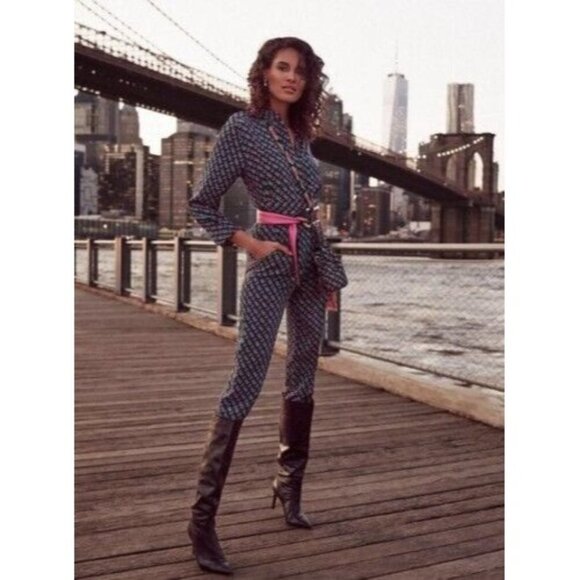 Diane Von Furstenberg DVF Silk Jumpsuit Blue Fuchsia Black Size 2 NWT $6… - Picture 1 of 16